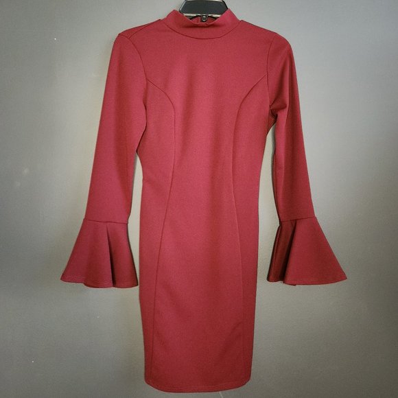 Cherry Mellow BELL SLEEVES/LONG SLEEVES/OPEN BACK/BURGUNDY/MINI DRESS - Picture 1 of 5